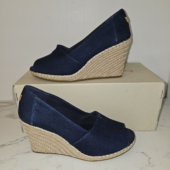 Toms Shoes - Toms Michelle Navy Dark Denim Wedge Peep-Toe Shoes SZ 8.5